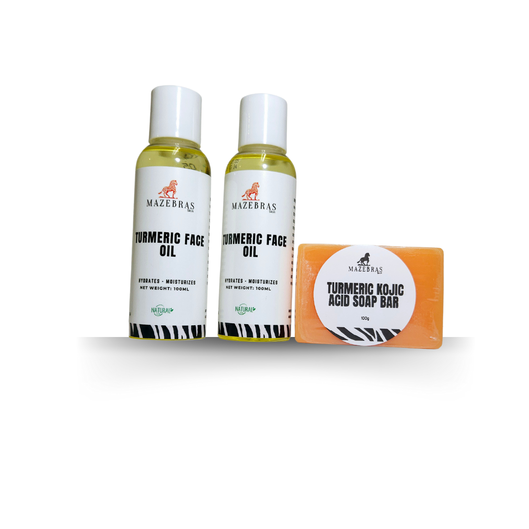 Two bottles of Mazebras Turmeric Infused Face Oil and a bar of Turmeric Kojic Acid Soap, with branding and product information on the labels.