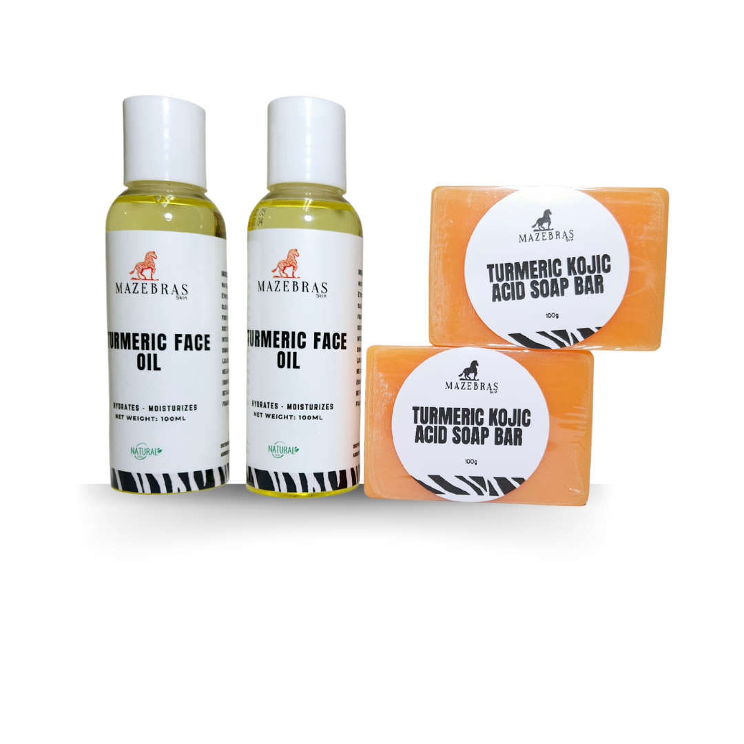 Two bottles of Mazebras Turmeric Infused Face Oil and two bars of Mazebras Turmeric Kojic Acid Soap, with branding and product information on the labels.