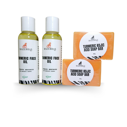 Two bottles of Mazebras Turmeric Infused Face Oil and two bars of Mazebras Turmeric Kojic Acid Soap, with branding and product information on the labels.