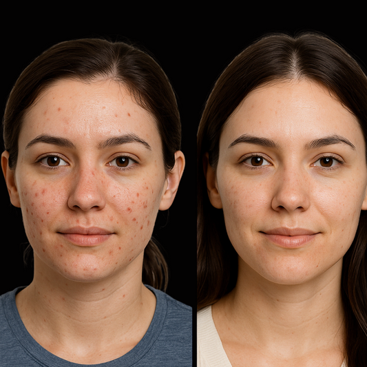 Before and after comparison of a woman's face with visible skin improvement.