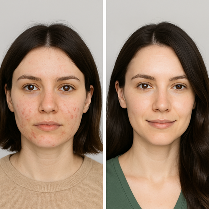 Before and after comparison of a woman with acne on her face.